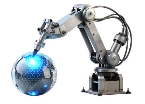 Robotic arm precisely manipulating a digital globe, showcasing technology isolated on transparent background - Powered by Adobe