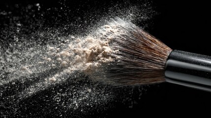 Makeup Brush Dispersing Powder in Artistic Close-Up Captured in High Fidelity Detail Showcasing Texture and Motion Effects