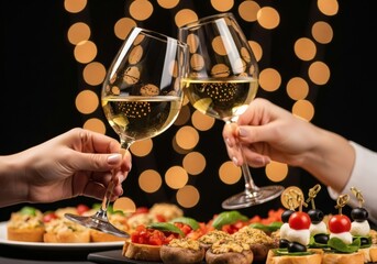 Toasting white wine glasses at a sophisticated party