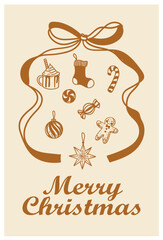 Set of original Christmas card illustrations, hand-drawn in a linear minimalist style. Vector illustrations of Christmas decorations, ideal for posters, cards, and graphics.