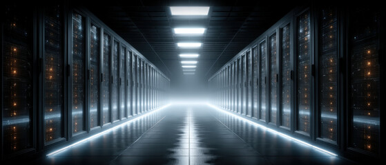 Obraz premium Symmetrical server racks with blue LED lights in a modern data center corridor