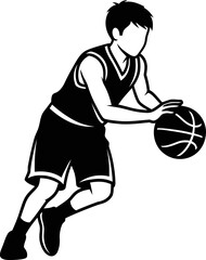 Fototapeta premium Boy playing basketball. Sport concept. Outline vector illustration on white background, for banner, poster, sticker, t-shirt design