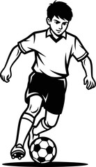 Boy playing soccer, dribbling ball. Action pose. Outline style. Sport competition concept. Vector illustration for logo, icon, avatar, sticker