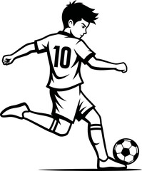Naklejka premium Soccer player man with number ten on jersey kicking ball. Youth sport and football game concept. Black white vector illustration for sport club logo, sticker, t-shirt