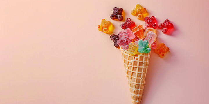 Gummy bears bursting from a delicious waffle cone