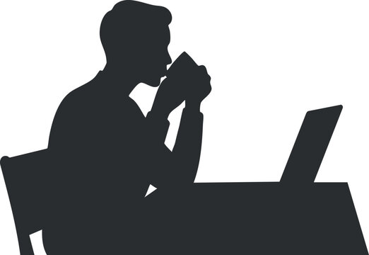Silhouette of a person sitting at a desk enjoying coffee while working on a laptop. - Powered by Adobe