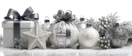 Elegant silver New Year decorations with ornaments, ribbon, and gift box on white background