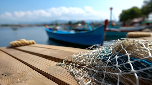 Close-up faceless scene of nets laid across smooth wooden planks, shallow depth of field with defocused fishing boats swaying behind, with copy space