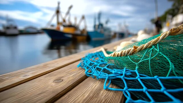 Close-up faceless scene of nets laid across smooth wooden planks, shallow depth of field with defocused fishing boats swaying behind, with copy space