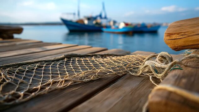 Close-up faceless scene of nets laid across smooth wooden planks, shallow depth of field with defocused fishing boats swaying behind, with copy space