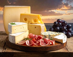 Assortment of Cheeses, Grapes, and Cured Meats Displayed on a Wooden Platter