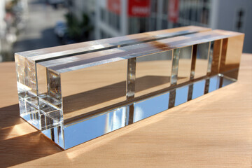 Clear acrylic block with UV-bonded joints on desktop illuminated by morning light