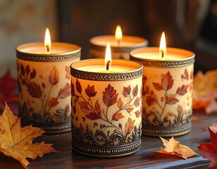 Autumnal Candles with Leaf Design in Warm Tones Creating a Cozy Ambiance