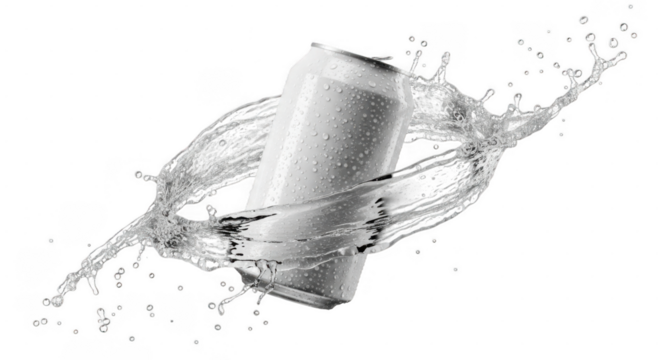 Splashing aluminum can breaking through water droplets isolated on transparent background