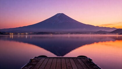 Mount Fuji reflection at sunrise over lake Kawaguchi