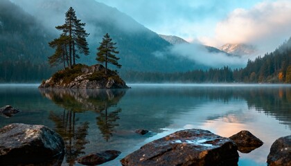 Foggy mountain lake with small island and trees
