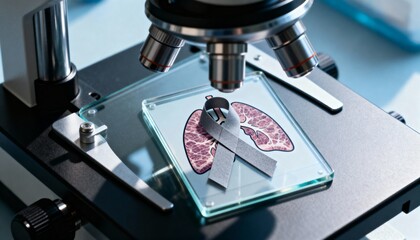 Microscope with lung awareness ribbon on glass slide