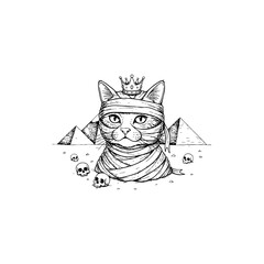 The Cat Mummy – Funny Halloween Cat Wrapped in Bandages with Pyramids and Skulls Illustration in Vintage Engraving.