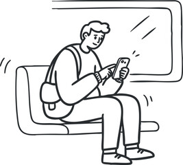 A young man sitting on public transport using a smartphone in a casual setting.
