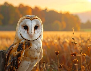 Beautiful Barn Owl Perched in a Field During Golden Hour Sunset
