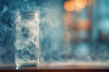 Double-walled glass with swirling steam and clear label on blurred bar background