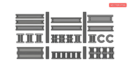 Collection of I-beam and H-beam structural steel components.