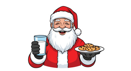 Cheerful Santa Claus Holding Milk and Cookies Ready for Christmas Eve Treat.