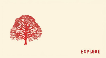 Stylized red tree illustration on cream background with the word EXPLORE