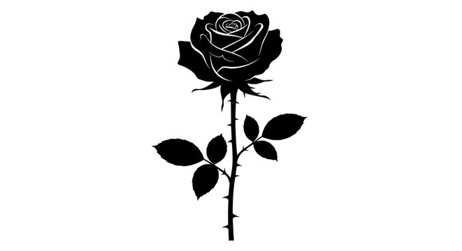 Silhouette of a single black rose with thorns and leaves.