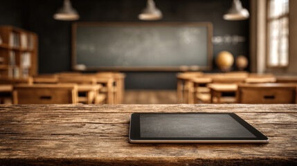 Tablet with neutral screen on pottery classroom shelf in sunlit creative studio