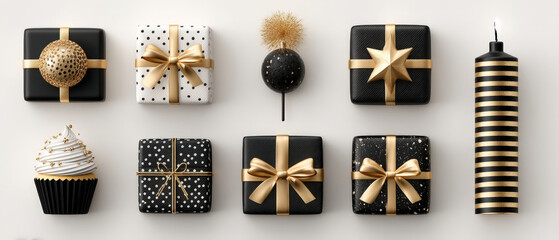Black and gold New Year celebration objects arranged in a neat 2x4 grid on white background