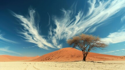 A solitary tree stands in a vast desert landscape. The ground is dry and sandy, with a large sand dune in the background. Wispy clouds fill the blue sky