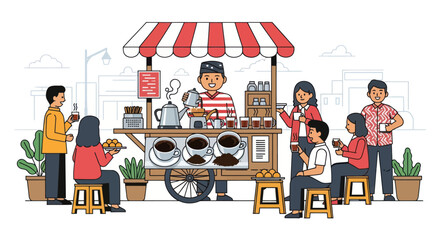 Illustration of a Traditional Indonesian Coffee Cart Serving Customers. © Rizal