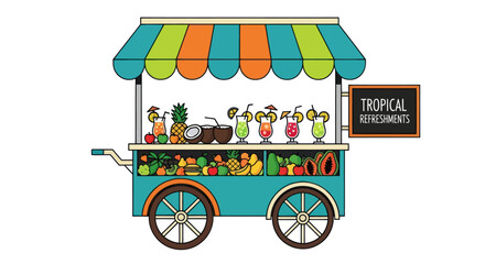 A colorful illustrated street food cart selling tropical refreshments fresh fruit and juice. © Rizal