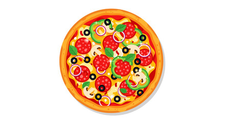 Delicious pizza with pepperoni, mushrooms, olives, green peppers and onions on a transparent background. It looks very tasty.