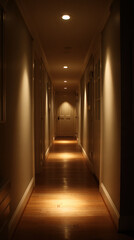 Motion-sensor nightlight casting warm glow on corridor floor with cool walls