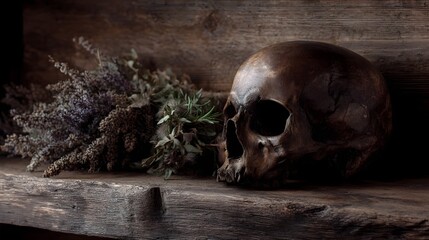 Naklejka premium A weathered wooden skull rests on a rustic shelf beside dried herbs