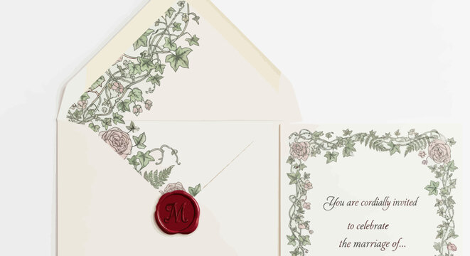 Elegant Wedding Invitation Set with Floral Design and Wax Seal.