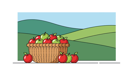 Wicker Basket Overflowing with Fresh Red and Green Apples.