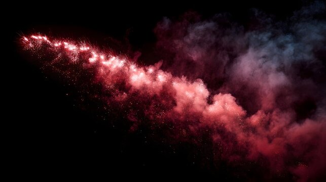 A dynamic trail of red and white light and smoke streaks across a dark night sky resembling a pyrotechnic display - Powered by Adobe