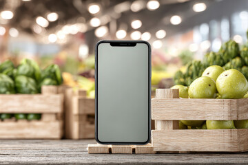 Smartphone on grocery produce scale with colorful crates under bright market light