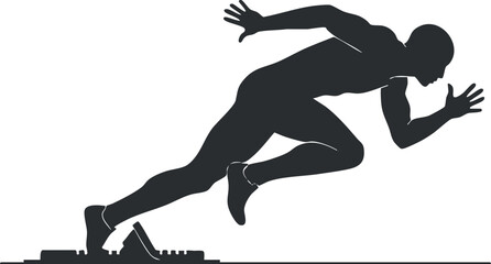 A dynamic silhouette of a sprinter launching from starting blocks in a competitive sprint.