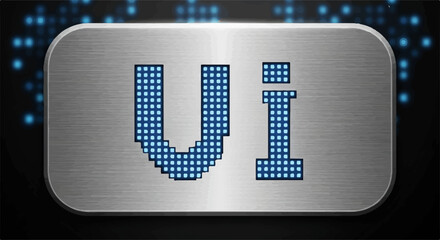 Digital interface icon with illuminated blue pixels on brushed metal background
