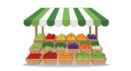 A colorful farmers market stall with a green and white striped awning filled with fresh fruits and vegetables in baskets.
