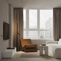 Bright living room with large window, white sofa, and cozy modern decor.
