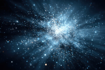 Blue icy bokeh burst with glowing center and twinkling particles on black background