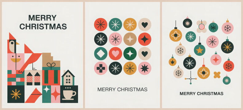 Set of three Christmas cards featuring geometric shapes and festive illustrations perfect for holiday greetings and seasonal designs - Powered by Adobe