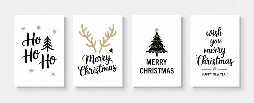 Set of minimalist Christmas cards featuring festive greetings and holiday elements perfect for seasonal designs and invitations