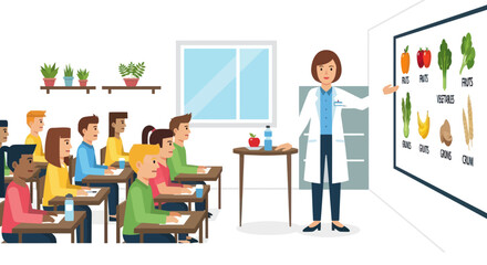 Female teacher in lab coat teaching students about vegetables in a classroom.