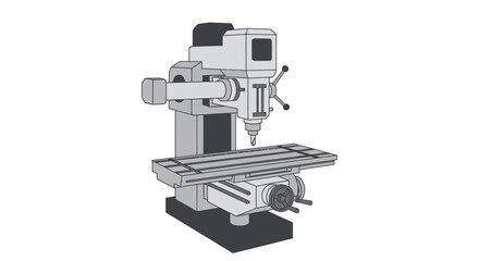 A detailed black and white illustration of a vertical benchtop milling machine for workshop use. © Rizal